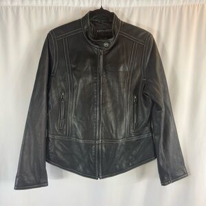 Bernardo Black Genuine Leather Zip up V front Biker Jacket Women's Size:L